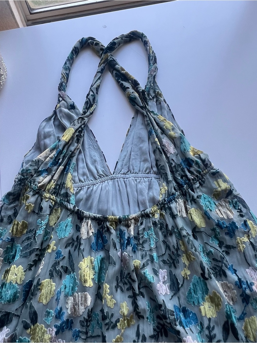 Anthropologie Burnout Velvet Midi Dress Floral Tiered Cross-Back Blue Small NWT - Picture 7 of 14